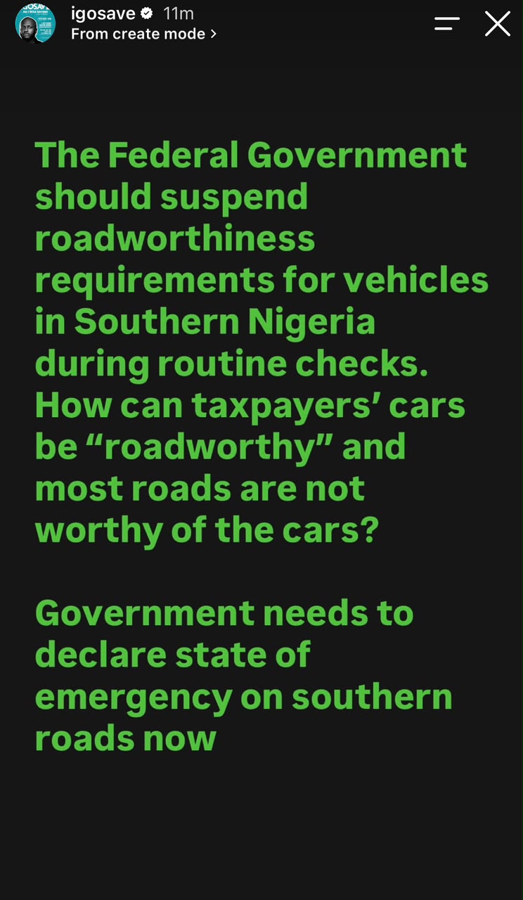 Carreteras en mal estado: suspender los requisitos de aptitud para la circulación de vehículos en el sur de Nigeria, dijo el comediante I Go Save a FG